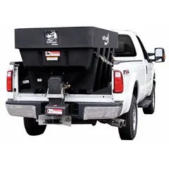 This vehicle battery-powered broadcast spreader mounts in the bed of a truck or UTV. It features a stainless steel frame, a poly hopper, and a horizontal auger drive mechanism for even material distribution. Suitable for spreading seed, fertilizer, or salt in agricultural, landscaping, and winter maintenance tasks.