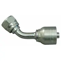 Steel 45° elbow crimp hose fitting with BSPP connection for -6 hose dash size. Features a 3/8"-19 thread and female x genderless configuration. Used in hydraulic systems to connect hoses to BSPP threaded ports, forming a permanent, leak-resistant assembly