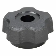This 5-arm knob features a threaded through-hole for manual adjustment and clamping in industrial machinery, jigs, and fixtures. The plastic body with steel thread insert provides corrosion resistance for frequent hand-tightening applications. Diameter: 1.72 in. Thread: 3/8"-16.