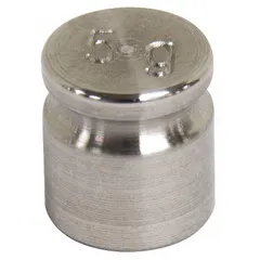 Stainless steel cylinder calibration weight with 5 g nominal mass, Class 5 tolerance. Used for verifying and adjusting the accuracy of laboratory and industrial scales in quality control, research, and manufacturing environments.