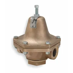 Bronze general purpose pressure regulator with 1-1/4 in FNPT connections. Adjustable outlet pressure range 90 to 150 psi, maximum operating temperature 180°F. Used to reduce and stabilize inlet pressure in water, air, or non-corrosive fluid systems for commercial plumbing, irrigation, and industrial process lines.
