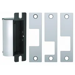 This cylindrical electric strike is constructed of stainless steel and measures 4 7/8 inches in height. It operates on 12/24V input voltage and is rated for heavy-duty performance. Suitable for access control applications requiring remote release of cylindrical locksets.