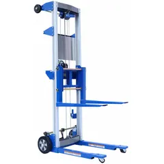 Fork-over stacker with 500 lb capacity, 20.5 in width across forks, and fork dimensions of 22 1/2 in length by 4 1/8 in width. Features a fixed invertible design with cable operation for lifting and moving palletized loads in warehouses and manufacturing facilities.