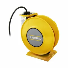 Hardwired self-retracting cord reel with 45 ft of 12 AWG SJO cord in yellow. Features a ratchet lock mechanism for controlled extension and retraction. Terminates in bare wire for permanent installation. Suitable for supplying power to movable equipment in workshops, assembly lines, and maintenance areas.