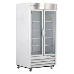 This upright lab refrigerator provides 36 cu ft of storage capacity with a temperature range of 1°C to 10°C, suitable for preserving reagents, samples, and media. It features a white swing glass door that opens left and right, a temperature alarm, and uses R-290 refrigerant. Overall depth is 34 3/4 in.