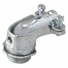 This 90° squeeze-style connector is made of iron and designed for terminating flexible metal conduit at a right angle. It provides a secure, grounded connection between conduit and electrical enclosures in raceway systems. The non-insulated fitting is cULus Listed for industrial and commercial wiring applications.