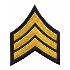 Rank insignia patch for identifying Sergeant rank on uniformed service garments. Measures 3 inches, black and gold design, constructed from polyester and rayon. Supplied as a single pair.