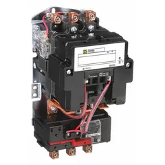 Three-pole NEMA Size 3 non-reversing magnetic motor starter rated for 90 A at 208V AC coil voltage. Electronic overload relay provides motor protection without thermal units. Screw clamp terminals for wiring connections. Suitable for starting and stopping three-phase motors in industrial applications such as conveyors, pumps, and compressors.