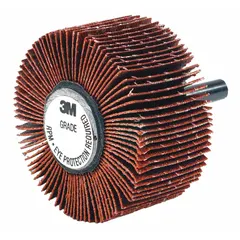 This 3M 747D flap wheel features a ceramic abrasive with 80 grit, designed for cool cutting on stainless steel and nickel alloys. It measures 3 inches in diameter and 1 inch in width, with a 1/4 inch straight-shank arbor. Suitable for grinding, blending, and finishing in metalworking applications.