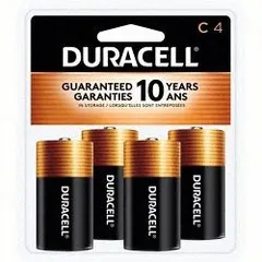 Standard C-cell alkaline battery delivering 1.5V DC. Suitable for powering portable instruments, test meters, and other moderate-drain industrial devices. CopperTop series provides consistent voltage output. Pack of 4.