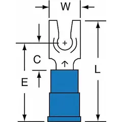 Vinyl-insulated locking fork terminal from the TR Series. Rated for 1000V, accepts 16 to 14 AWG wire, and fits #6 stud size. Funnel barrel design simplifies wire insertion. Used for secure electrical connections in control panels, power distribution, and automation systems.