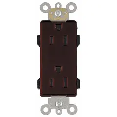 This LEVITON decorator duplex receptacle is a general-purpose wiring device with a 5-15 configuration, rated 125V AC and 15A. It features 2-pole/3-wire grounding and a brown finish. Suitable for power distribution in residential, commercial, and industrial settings, it accepts standard 5-15 plugs for lighting, appliances, and office equipment.