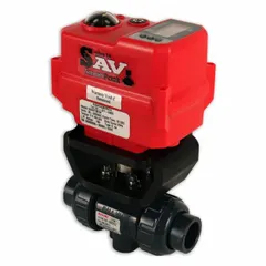 ASAHI electrically-actuated two-way ball valve with a 1 1/4 in PVC body and full port ball port. The actuator operates on 95 to 265V AC and includes a position indicator. Suitable for automated on/off flow control in corrosive fluid handling systems.