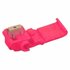 Red double-port run tap wire connector rated for 600 V. Accepts 19 AWG to 16 AWG run wire sizes. Insulation displacement design eliminates wire stripping for fast connections. Used for splicing or tapping solid or stranded copper wire in control panels, lighting, and junction boxes.