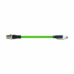 This cordset connects M12 D-coded male straight to RJ45 male straight connectors, with a 5-meter green PUR cable. Rated IP67 and Cat5 performance, it is suitable for industrial Ethernet applications requiring reliable data transmission in harsh environments.
