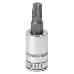 This Torx bit socket is designed for driving Torx fasteners in automotive, industrial, and mechanical assembly applications. Its 1 17/32 in overall length provides access to recessed bolts, making it suitable for precision torque applications where standard sockets cannot reach.