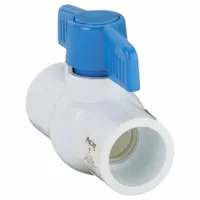 This PVC ball valve features a straight body with socket x socket connections for solvent welding to PVC pipe. The full port ball port minimizes pressure drop, and the tee handle provides easy manual operation. Suitable for on/off flow control in water, chemical, and air applications requiring corrosion resistance