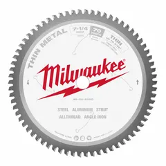 This 7-1/4 in diameter circular saw blade features 70 teeth with a 0.07 in cut width and a 5/8 in arbor. Designed for cutting ferrous metals such as steel, it is suitable for metal fabrication, construction, and maintenance tasks requiring clean, precise cuts.