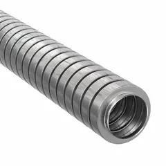 This reduced wall flexible metal conduit is made of steel with a 3/4 in trade size and 50 ft overall length. It provides mechanical protection for electrical wiring in applications requiring flexibility, such as connections to machinery, control panels, and equipment.