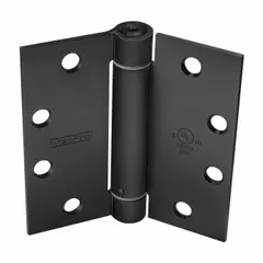 Full mortise-mount spring hinge made of steel. Overall height and width are 4 1/2 inches. Used for self-closing doors in commercial and industrial settings where automatic door closure is required.