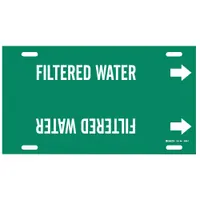 This strap-on pipe marker identifies filtered water lines. It features a green background with white legend and directional arrows. Designed for pipe outer diameters from 6 to 7-7/8 inches. Suitable for use in industrial, commercial, and facility piping systems