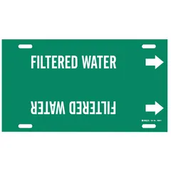 This strap-on pipe marker identifies filtered water lines. It features a green background with white legend and directional arrows. Designed for pipe outer diameters from 6 to 7-7/8 inches. Suitable for use in industrial, commercial, and facility piping systems.