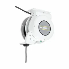 Motorized hardwired self-retracting cord reel with ratchet lock. 25 ft cord length, 10 AWG, SJO jacket, white. Bare wire NEMA configuration for direct hardwiring. Used in industrial and commercial settings for power cord management.