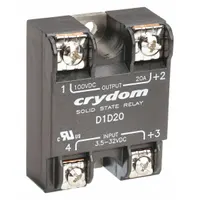 Panel-mounted solid state relay with MOSFET DC output, Form A (SPST-NO) configuration. Switches 1 to 72V DC at up to 20 A (12 A without heat sink). Input current 15 mA DC. Screw clamp electrical connections. Suitable for switching DC loads in industrial control panels and automation systems