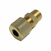 Brass compression fitting with 1/8 in NPT male thread and 8 mm OD compression end. Standard sleeve design for connecting tubing to threaded ports in fluid systems. Suitable for pneumatic and hydraulic lines using nylon, copper, or steel tubing