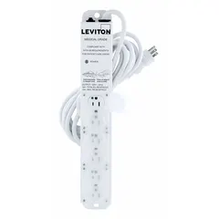 This healthcare power strip from LEVITON features 6 outlets, a 15 ft cord, and a 5-20P plug. Rated at 15 A with 644 J surge energy, it is designed for screw mounting. Suitable for power distribution in medical environments.