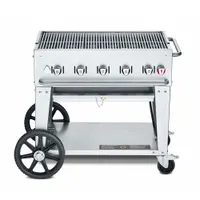 Natural gas wheeled grill with 5 burners and 79,500 BtuH heating capacity. Features a 20 lb tank capacity, 36 in overall height, and 28 in overall depth. Suitable for high-volume outdoor cooking in commercial kitchens, catering, and large events