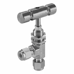 This angle-body needle valve features a 316 stainless steel body with integral bonnet and regulating stem for precise flow control of liquid media. It has Let-Lok connections on both sides and a metal tee handle. Conforms to ISO 2006(E) standards. Typical applications include flow regulation in industrial plumbing systems.