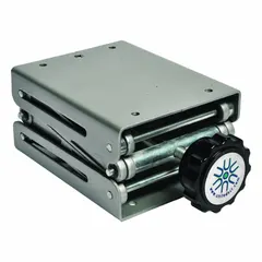 Aluminum lab lift with adjustable range from 2 3/4 in to 10 1/2 in and a 5 1/2 in platform length. Used to support and position laboratory equipment such as flasks and beakers at a working height.