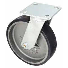 Swivel plate caster with kingpinless design for medium-duty general-purpose use. Features an 8-inch diameter, 2-inch wide black polyurethane wheel on roller bearings, and 9 1/2-inch mounting height. Suitable for carts, racks, and industrial equipment requiring maneuverability and floor protection.