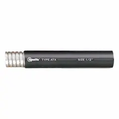 This LIQUATITE ATX Series conduit is a flexible metal conduit designed for extreme temperature environments. It is liquid-tight and suitable for protecting wiring in applications where standard conduit may fail, such as outdoor machinery, refrigeration units, and high-heat processing areas. The conduit is black with a 1-1/4 in trade size and a nominal length of 25 ft.