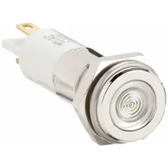 White LED pilot light with flush head and H10 profile for 10 mm panel mounting hole. Electrical connection via 0.11 male quick disconnect. Used as a visual status indicator in industrial control panels and machinery.