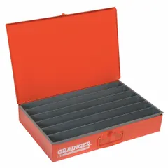 Large compartmented box with six fixed compartments, each 3 in x 17-1/2 in x 1-7/8 in. No removable dividers. Red finish. Suitable for organizing small parts and components in workshops, assembly lines, and maintenance areas.