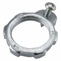 Steel, zinc-plated grounding locknut for 3/4-inch trade size threaded rigid metal conduit (RMC) and intermediate metal conduit (IMC). Used to secure and ground conduit to boxes or enclosures in electrical installations.