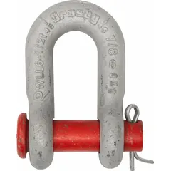 This CROSBY round pin chain shackle is a D-shackle made of carbon steel with a silver finish. It has a working load limit of 50,000 lb and a body thickness of 1 3/4 in. Used for connecting chains, cables, or slings in heavy lifting and rigging applications.