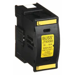 1-pole UL Class J fuse block rated for 600 V AC. Features DIN rail mounting and box lug termination. Accepts Class J fuses for overcurrent protection in industrial control panels and power distribution systems.