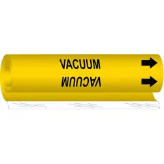 Yellow wrap-around pipe marker with black legend reading 'Vacuum' and directional arrows. Fits pipe outer diameters from 1/2 to 1-3/8 inches. Used to identify vacuum lines in industrial piping systems, aiding in quick identification and reducing error risk during operation or maintenance.