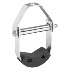 This zinc-plated steel clevis hanger supports 8 in pipe from 3/4 in threaded rod. It is non-cushioned and rated for a load capacity of 1,100 lb. Used in commercial and industrial piping systems for suspending insulated pipes.