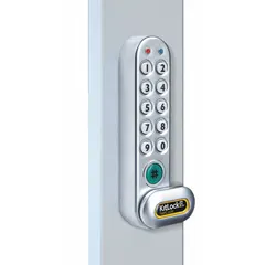 Electronic keypad cabinet and locker lock with a powder-coated finish and cam latch. Body height 1 5/16 in, width 5 3/8 in. Suitable for securing cabinets and lockers in settings requiring keyless code entry.
