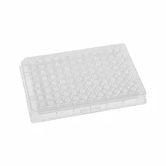 Non-sterile multiple well plate with 96 round wells, each 7 mm in diameter and 0.335 mL capacity. Made of colorless polystyrene and certified RNase/DNase free. Suitable for high-throughput sample processing in molecular biology applications such as ELISA, cell culture, and reagent storage.