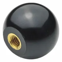 Ball knob with a threaded hole, made of plastic with a brass threaded insert. Features an M6 thread, 9 mm thread length, and 25 mm diameter. Used as a manual control handle on machinery, valves, or adjustment mechanisms