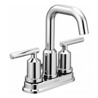 Centerset bathroom faucet with low arc spout, constructed of brass with a chrome finish. Includes a drain and operates at a flow rate of 1.2 gpm. Suitable for standard three-hole sink installations in residential or commercial bathrooms