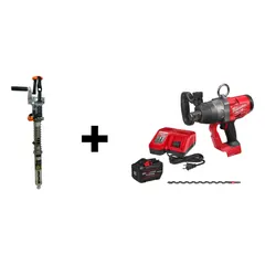 This railroad tie drill kit is designed for drilling holes in wooden ties during track maintenance and construction. It features a brushless motor delivering up to 1,500 ft-lb of torque, a 1 in drive size, and a 7/16 in chuck. The kit includes the drill attachment and is suitable for use with large auger bits in dense hardwood ties.