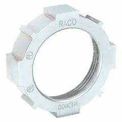 Non-insulated iron bushing with zinc-plated finish for 1-1/2 in trade size, 23/32 in overall length. Used in electrical conduit systems to protect wire insulation from sharp conduit edges and provide a smooth pulling surface at terminations in junction boxes, panels, or enclosures.