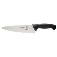 This 8-inch chef's knife features a forged steel blade with a taper ground edge for precise cutting. The black handle is made from Santoprene and polypropylene, providing a comfortable grip. NSF certified for sanitation compliance, it is suited for chopping, slicing, and dicing in commercial and home kitchens
