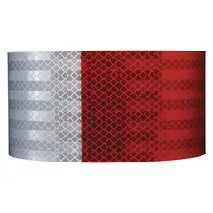 Red/white reflective tape for marking gate arms and barriers. 2 inches wide by 50 yards long, with white reflective segments and acrylic adhesive. Provides high-visibility delineation for parking lots, toll booths, and industrial access points.